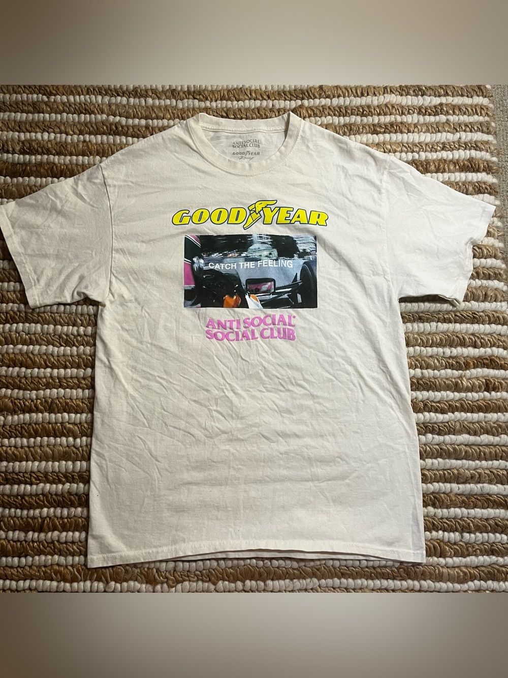 Anti Social Social Club Cream Tee with Yellow Goodyear & Pink Logo